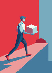A highly stylized and dynamic illustration depicts a person in a red uniform, possibly a delivery worker, running with urgency. The figure is shown in a full stride, suggesting running at high speed,