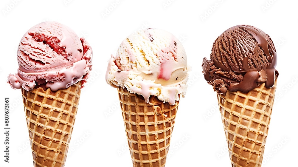 Aufkleber Ice cream scoops in cones with chocolate vanilla and strawberry isolated on white background Collection with clipping path : Generative AI