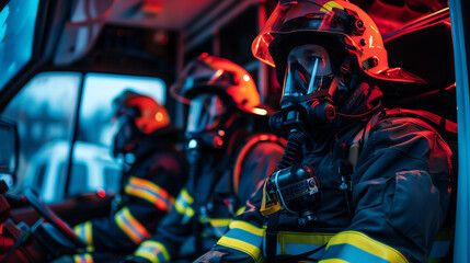 Fototapeta premium A firefighter in protective gear sits in the cab of a fire truck