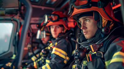 Obraz premium Firefighters in protective gear ride in a fire truck to the scene of a fire.