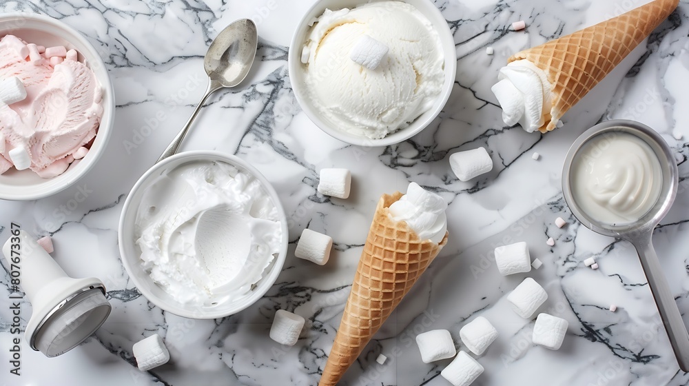 Poster ice cream ingredients view from above on a marble background ice cream in a bowl ice cream cones spo