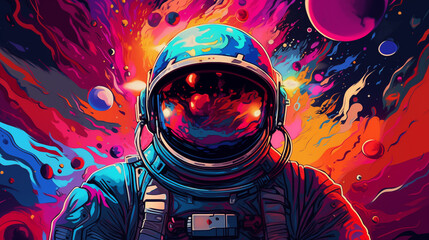 Astronaut helmet reflects burst of vivid cosmos ai generated 2D cartoon illustration