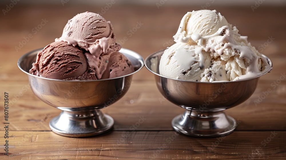 Poster ice cream in two retro metal bowls on a wooden table : generative ai