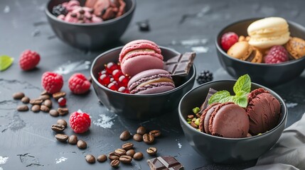 Gourmet summer dessert of artisanal or craft ice cream made with fresh berries macaroons coffee beans pistachio nuts and chocolate served in bowls in a wide angle banner : Generative AI