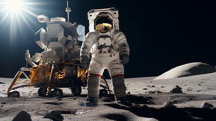 Naklejka premium Astronaut stands on moon surface, lunar module behind photo. Moonwalk venture image background wallpaper. Space mission photography horizontal. Moon exploration concept picture realistic