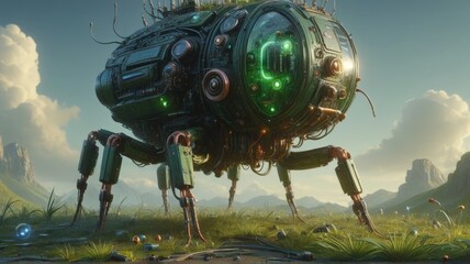 Fototapeta premium An isolated Android robot in a field with a small flying insect near it