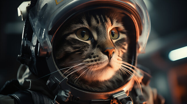 Space helmet tabby cat intently gazes closeup image. Animal astronaut close up photography marketing. Feline explorer concept photo. Curious pet adventure picture photorealistic