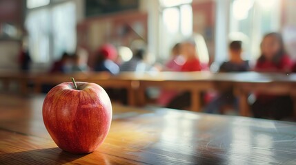 Group of school kids sitting in classroom and apple, focus on apple. Selective focus.