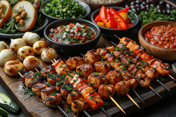 Diverse and tasty global street food collection, inviting and rich in flavors. AI generated.