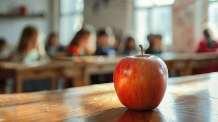 Group of school kids sitting in classroom and apple, focus on apple. Selective focus.
