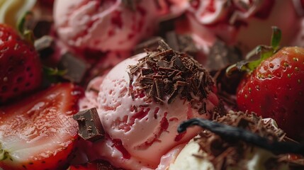 Wide angle of collection of delicious gelati with fresh strawberries and grated chocolate with aromatic vanilla pod : Generative AI