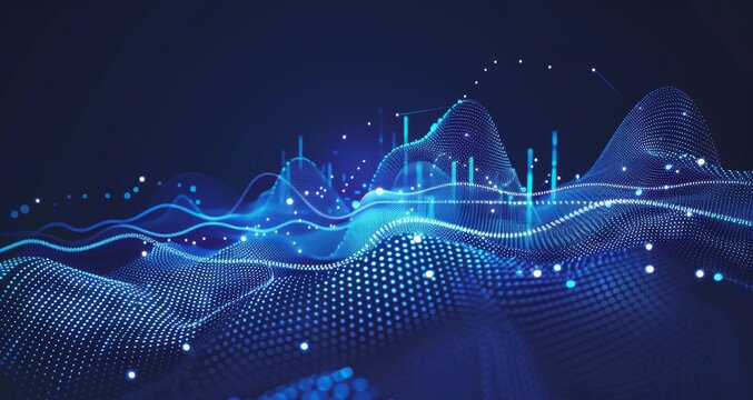 a blue background with waves and dots on it