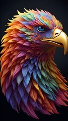 3D vector rainbow colored, wavy fractal neon eagle head.