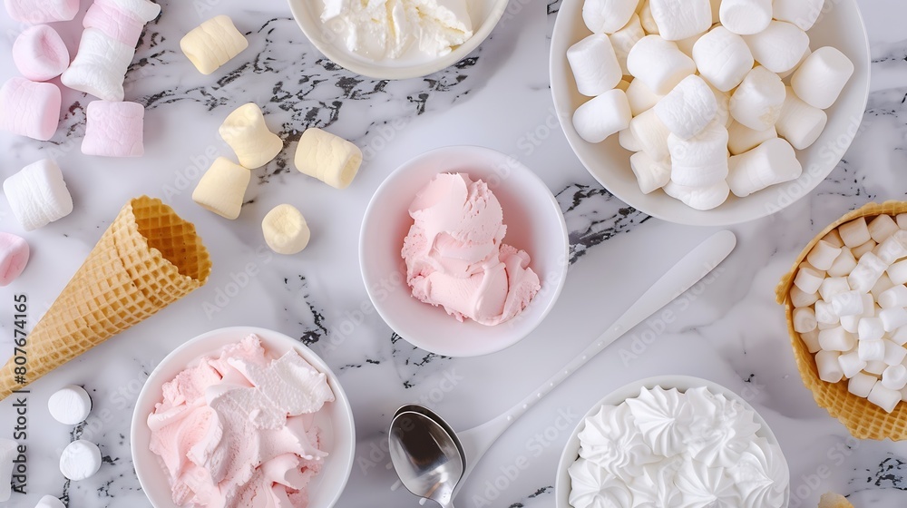 Poster ice cream ingredients view from above on a marble background ice cream in a bowl ice cream cones spo
