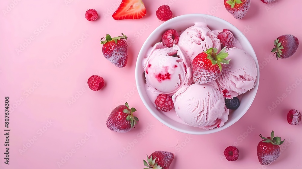 Poster Bowl of pink strawberry ice cream and fresh berries isolated on pink background Top view : Generative AI