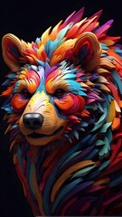 3D vector rainbow colored, wavy fractal neon bear head.