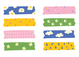 Washi tapes collection. Colourful scrapbook stripes, sticky label tags and decorative scotch strip. Border elements, paper sticker tape racy vector design