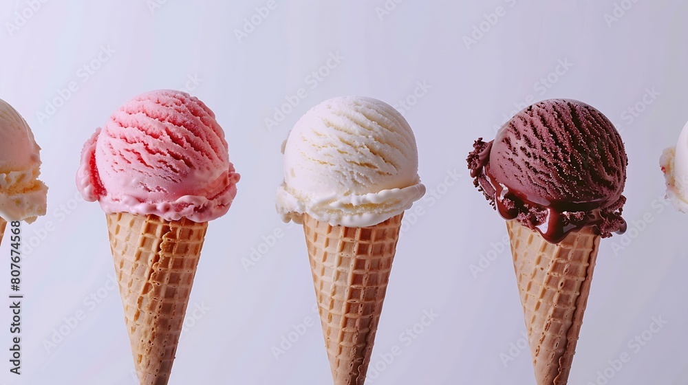 Poster variety of ice cream scoops in cones with chocolate vanilla and strawberry : generative ai