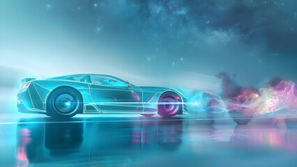 Wireframe of a sports car evokes a celestial scene with blue and purple tones. Concept Concept Development, Sports Car Design, Celestial Inspiration, Color Palette, Wireframe Art