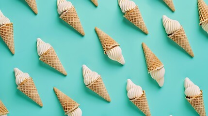 Ice cream cones pattern Turquoise background Sweet summer and empty concept Top view Flat lay : Generative AI