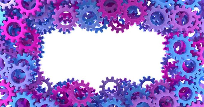 Color metal gears, purple blue simple frame , gear mechanism, color abstract business illustration, loop video with copy space, 3d rendering