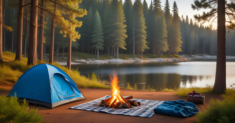 Beautiful bonfire with burning firewood near chairs and camping tent in the forest. Campfire by a chair and a tent