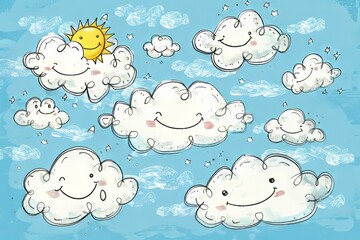 Cartoon cute doodles of fluffy clouds floating across a bright blue sky, with smiling suns peeking out from behind them.Generative AI