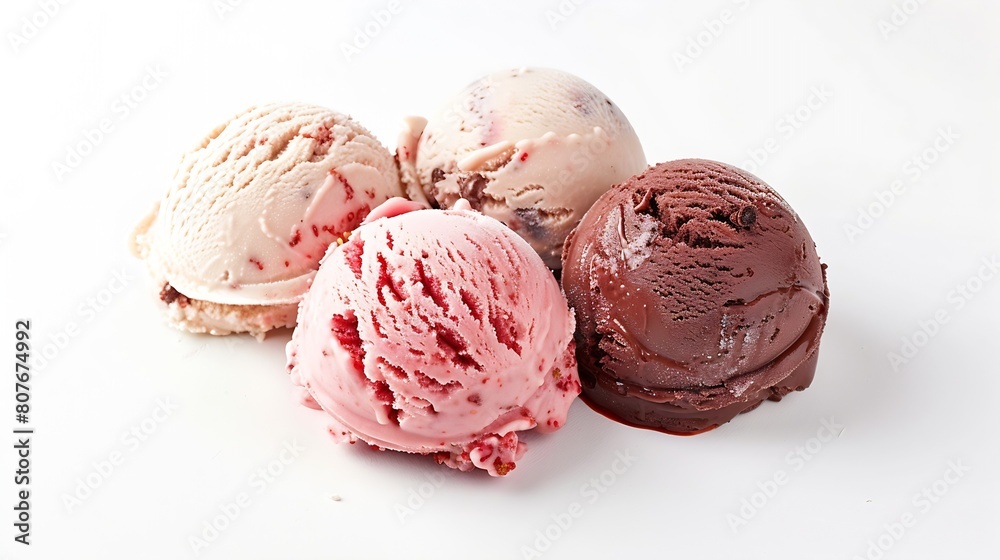 Poster strawberry vanilla chocolate different flavor ice cream scoops side view on white background : gener