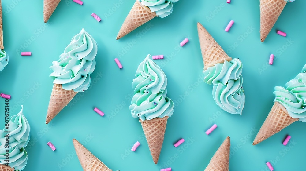 Aufkleber Ice cream cones pattern Turquoise background Sweet summer and empty concept Top view Flat lay : Generative AI