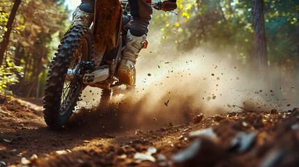 dirt bike kicking up dust on a dirt trail in the forest