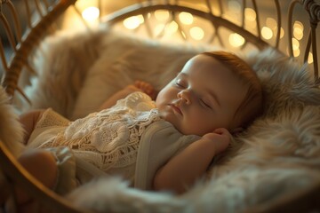 Cute baby sleeping in a wooden rocking cradle