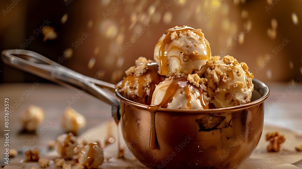 Poster ice cream balls in a cooper saucepan with caramel on brown backgroundclose up of sweet desert in fre