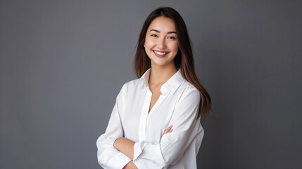 Heureuse jeune femme asiatique, d'affaires professionnelle souriante et confiante portant une chemise beige, une femme cadre assez élégante regardant la caméra, debout, les bras croisés isolés sur fon