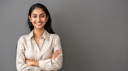 Heureuse jeune femme indienne, d'affaires professionnelle souriante et confiante portant une chemise beige, une femme cadre assez élégante regardant la caméra, debout, les bras croisés isolés sur fond
