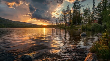 beautiful sunset view on the lake.AI generated image