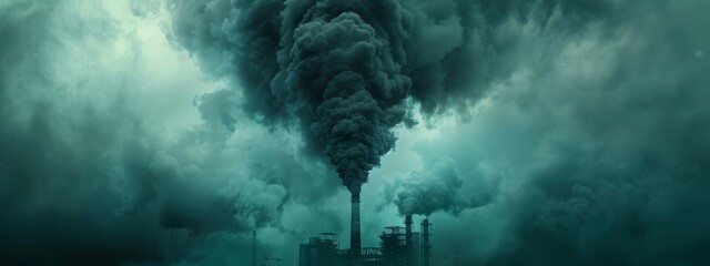 A factory smokestack spewing out dark clouds, representing the environmental impact of industry.