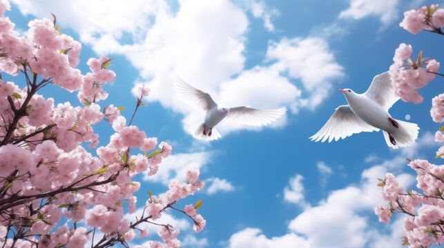 Pink cherry blossoms and white doves flying against a clear blue sky.AI generated image