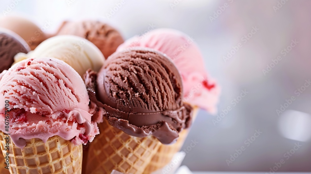 Poster variety of ice cream scoops in cones with chocolate vanilla and strawberry : generative ai