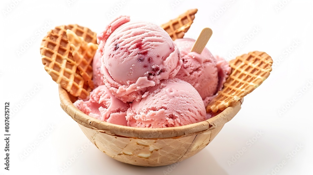 Poster ice cream scoops ice cream in bowl strawberry ice cream with wafer stick in waffle bowl isolated on 