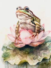Hand drawn watercolor of a frog sitting on a lotus, set against a white background in soft pastels, designed to evoke a serene, meditative Zen concept and peaceful mind