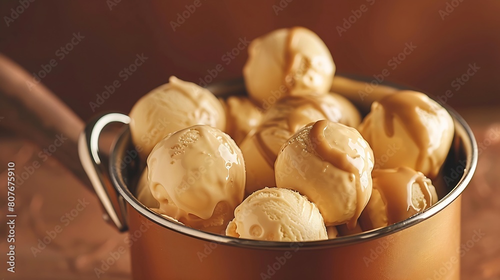 Aufkleber ice cream balls in a cooper saucepan with caramel on brown backgroundclose up of sweet desert in fre
