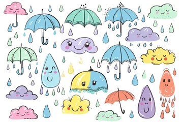 Cartoon cute doodles of raindrops falling from the sky, each with its own adorable face and umbrella to stay dry.Generative AI