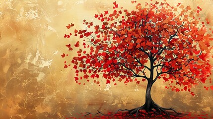 A digital painting of a tree with red leaves against a gold background