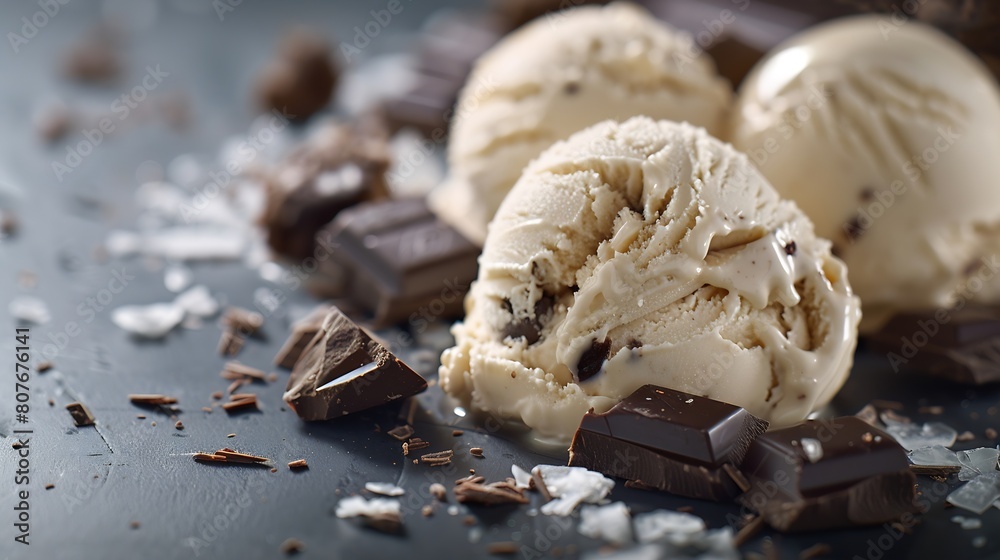 Poster scoops of ice cream with pieces of coffee cream dark chocolate and truffle : generative ai