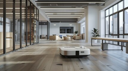 An autonomous cleaning robot navigating through the office space, efficiently maintaining cleanliness and hygiene standards 