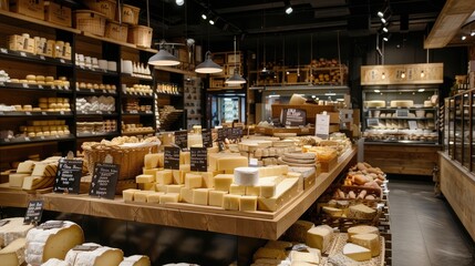 A store with a large selection of cheeses and bread. Scene is inviting and cozy