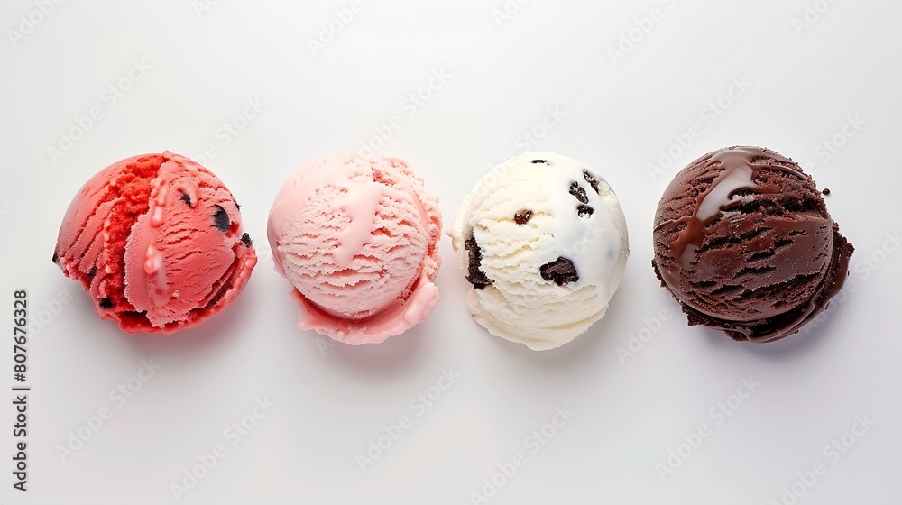 Poster strawberry vanilla chocolate different flavor ice cream scoops side view on white background : gener