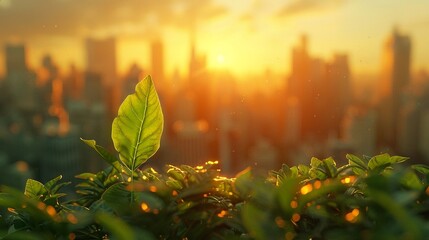 Obraz premium Recycled fabrics in trendy green apparel, modeled against a city skyline at sunset 8K , high-resolution, ultra HD,up32K HD