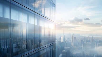 A panoramic view of a sleek, glass-walled office tower against a city skyline, symbolizing corporate power and ambition 