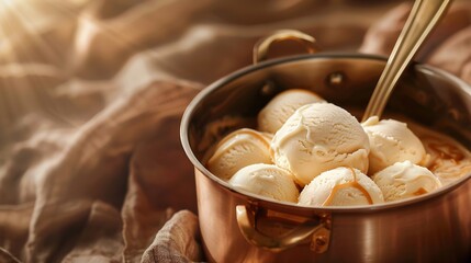 Ice cream balls in a cooper saucepan with caramel on brown backgroundClose up of sweet desert in freeze motion : Generative AI